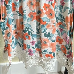 Handcrafted Pink Orange Green & White Floral Print Scarf W/ Whit Lace Trim